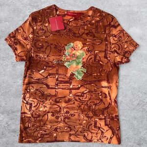Y2k Gloria Vanderbilt Womens Cherub Graphic Tee Orange Baroque Print Size M